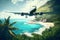 Plane landing at tropical resort, airplane flying above sea beach and jungle, generative AI