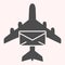 Plane with letter glyph icon. Air mail delivery, avia shipping. Postal service vector design concept, solid style