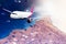 Plane mauve pink sky cloud travel transportion airplane mountains