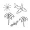 Plane, palm trees, sun, deck chair hand drawn in doodle style. travel concept, set of elements, flight, summer, heat. Template for