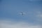 The plane passenger against the background of the blue sky flies