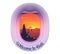 Plane porthole with Balinese island sunset and temple silhouette view with sign Welcome to Bali, vector sticker or