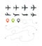 Plane route. Flight directionally striped lines sky trace for travel vector symbols set