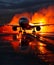 A plane taking off on a runway with dramatic smoke in the background