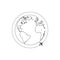 Plane travel around the world with doted line. Black outline simple icon on white background.