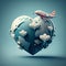 Plane traveling over a heart shaped Globe for Honeymoon Romance travel concept, Generative AI