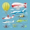 Plane vector aircraft or airplane and jet flight transportation and helicopter in sky illustration aviation set of