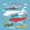 Plane vector aircraft or airplane and jet flight transportation in sky illustration aviation set of aeroplane or