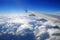 Plane wing flying above the clouds