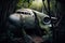 plane wreck amidst dense jungle, with vines and foliage overtaking the wreckage