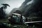 plane wreck in jungle, with view of the mist-covered mountain range in the distance