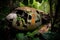 plane wreck surrounded by lush vegetation in serene jungle setting