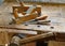 Planes and chisels in the Workbench with a wooden vise inside th