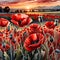 planes flying over a poppy field as the sun goes down Remembrance Day illustration