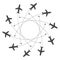 Planes flying with trace in different directions in a circle from one point. Airport abstract map. Departure icon. Flat