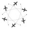 Planes flying with trace in different directions in a circle from one point. Airport abstract map. Departure icon. Flat