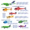 Planes and Helicopters Flying with Banners Collection, Air Vehicles with White Blank Ribbons for Advertising Vector