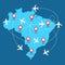 Planes routes flying over Brazil map, tourism and travel concept