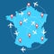 Planes routes flying over France map, tourism and travel concept