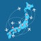 Planes routes flying over Japan map, tourism and travel concept