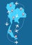 Planes routes flying over Thailand map, tourism and travel concept