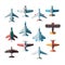 Planes top view. Jet military aircraft vector flat pictures isolated