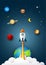 Planet collection with space rocket. Vintage spaceship rocket in the space