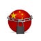 Planet colored in China flag, locking with chain. Countries lockdown during coronavirus, COVID spreading