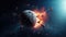 Planet Destroyed in the space surrounding with stars, flares, asteroids, cosmic background, Apocalypse explosion star, death