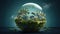 Planet earth with buildings and trees on blue watery background