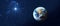 Planet Earth on dark blue night sky with bright star. Baner format. Christmas Star of Bethlehem Nativity, christmas of Jesus