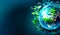 Planet Earth engulfed in green leaves on cosmic space gradient background with copy space