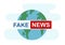 Planet Earth with FAKE NEWS headline on white background, vector illustration in flat style