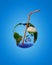 Planet Earth half with water and drinking straw. Save water creative Ecological concept. 3d render illustration