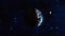 Planet Earth and the Moon. Space view with sun shining. Moon and Earth rotation with zoom in.