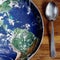 The planet Earth plate with a fork and knife on a wooden background. World hunger concept. Feed the world