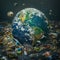 Planet Earth surrounded by plastic waste.