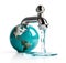 Planet Earth from which water flows through the faucet, ecology concept, on white background, realistic 3D illustration,