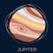 The Planet Jupiter. The largest planet in the Solar system, the fifth most distant from the Sun in the solar system.