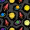 Planet and rocket hand drawn colored seamless pattern