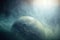 a planet in the sky with clouds and a bright light coming from behind the planet\\\'s horizon, with a star in the background