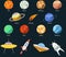 Planet of the solar system and spaceships. Sun, Moon, Mercury, Mars, Earth, Uranus, Neptune, Pluto, Venus, Saturn, Jupiter, flying