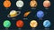 Planet of the solar system. Sun, Moon, Mercury, Mars, Earth, Uranus, Neptune, Pluto, Venus, Saturn, Jupiter, flying asteroid.