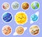 Planet stickers. Cartoon planets with cute faces. Sun, earth, moon, mars sticker. Funny solar system planets characters