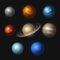 Planet systems. Realistic universe objects stars systems astronomy moon gravity jupiter vector collection