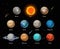 Planets colorful vector set on dark background