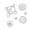 Planets, dark holes, stars, satellites, space objects. Design element, icon on the theme of cosmos, UFO. Doodle vector