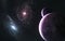 Planets in light of red and blue galaxies somewhere in deep space