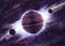 Planets over the nebulae in space