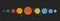 Planets of Solar system arranged in horizontal row against black background. Celestial bodies in outer space. Natural